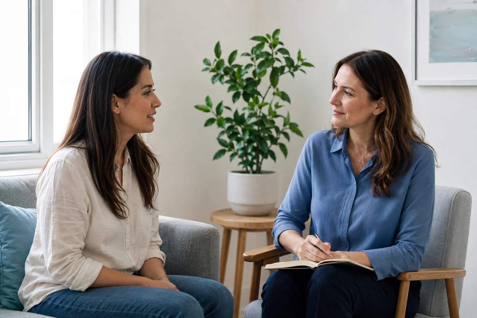 Two adults in a calm, supportive counseling conversation